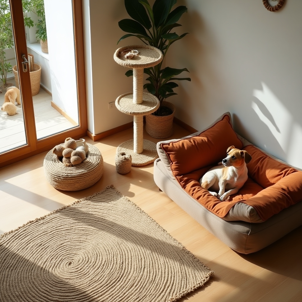 Apartament modern amenajat cu spații dedicate animalelor de companie, jucării și locuri de odihnă