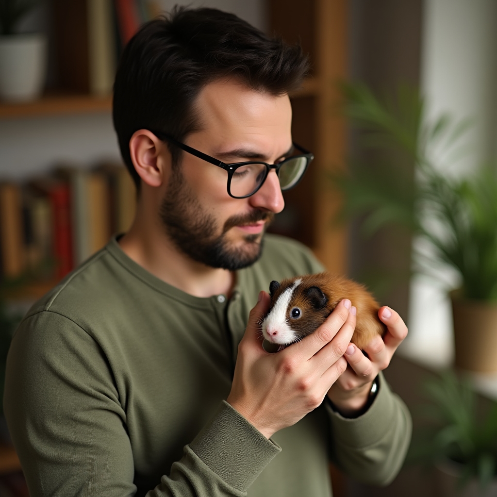 Colaborator Parivmor Hub cu expertiza in rozatoare mici, fotografiat cu un cobai