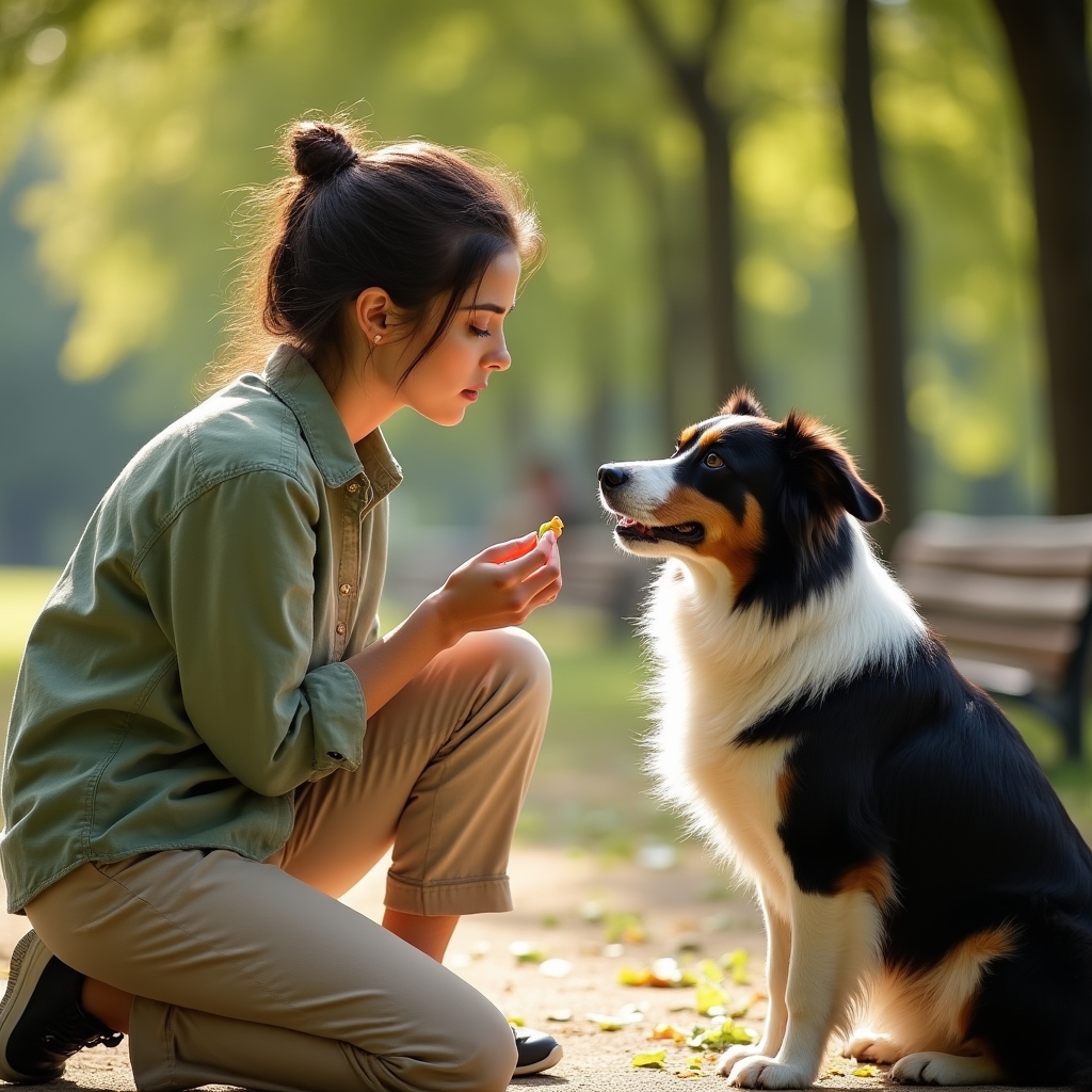 Proprietar care lucrează cu câinele său la comenzi de bază în parc