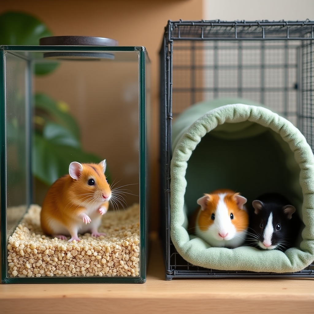 Hamster și cobai în habitaturi curate, bine amenajate cu materiale naturale